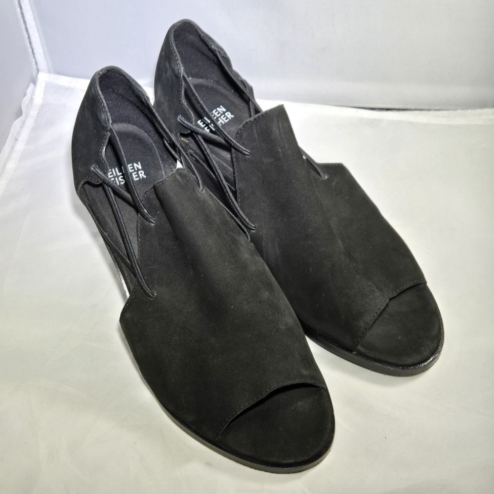 EILEEN FISHER Shoes Womens 9.5‎ Nikki Peep Toe Block Heel Sandal Leather Black